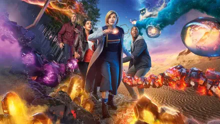 Doctor Who (2023) 4K Ultra HD PC wallpaper: the Doctor and companions stand in a vivid alien landscape with glowing crystals, planets and a swirling time vortex.