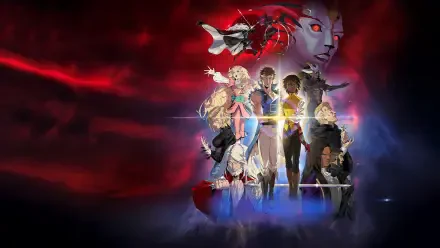 Castlevania: Nocturne HD PC desktop wallpaper showing a band of protagonists and allies standing united while a giant vampire face looms above against a swirling red and blue backdrop.