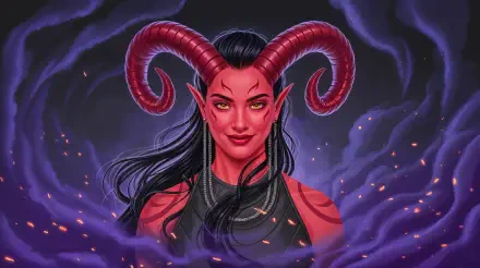 Tiefling 4K Ultra HD PC wallpaper: red-skinned horned woman with long black hair, curled ram horns, glowing eyes and purple smoke swirling around her.