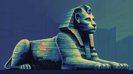 Stylized neon-striped sphinx in teal and gold against a geometric cityscape — 4K Ultra HD PC desktop wallpaper and background.