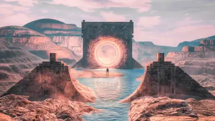 4K Ultra HD PC desktop wallpaper of a lone man standing before a glowing circular portal in a sci-fi fantasy canyon landscape.