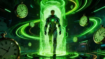 Time Travel 4K Ultra HD PC desktop wallpaper: armored traveler emerges from a glowing green time portal amid floating clocks and swirling temporal energy.