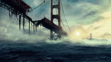 Greenland 2: Migration — 5K Ultra HD PC desktop wallpaper and background: a ruined suspension bridge looms from stormy sea mist at dawn, tattered cables and seaweed trailing into the waves.