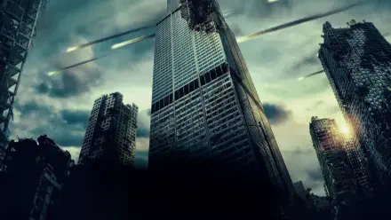 Greenland 2: Migration — 5K Ultra HD PC desktop wallpaper and background: post-apocalyptic city with toppled skyscrapers, dark storm clouds and streaking projectiles over a ruined skyline.