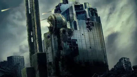 Greenland 2: Migration 5K Ultra HD PC Desktop Wallpaper and Background — crumbling, overgrown skyscraper amid stormy clouds in a bleak, post-apocalyptic cityscape.