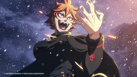 Anime HD PC desktop wallpaper of Black Clover's Mereoleona Vermillion roaring defiantly, flames and embers swirling around her as she raises a hand against a stormy, snowy sky.