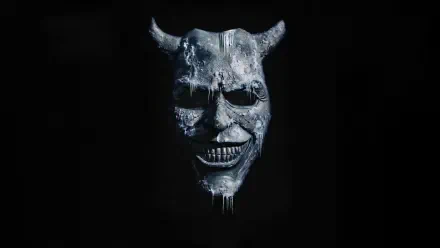 The Black Phone 2 4K Ultra HD PC desktop wallpaper and background: icy demonic horned mask with hollow eyes and a toothy grin emerging from a black void.
