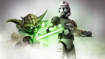 HD PC desktop wallpaper: Star Wars: The Clone Wars (2008) — Yoda with a green lightsaber standing beside a helmeted Clone Trooper emerging from mist.