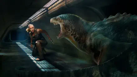 Jurassic World Rebirth 4K Ultra HD PC desktop wallpaper/background: a crouching explorer faces a roaring aquatic dinosaur emerging in a dark, industrial tunnel.