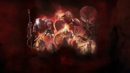 Predator — Killer of Killers 4K Ultra HD PC desktop wallpaper: multiple Predators in a fiery red battleground, masked hunters and weapons emerging from smoke.