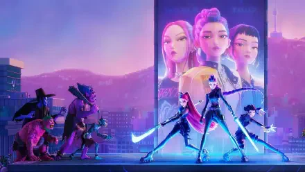 KPop Demon Hunters 4K Ultra HD PC desktop wallpaper: neon-lit trio of stylish demon hunters on a rooftop, billboard portraits behind them, confronting monstrous foes against a purple city skyline.