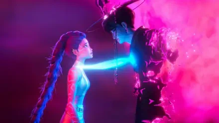 KPop Demon Hunters 4K Ultra HD PC desktop wallpaper and background: neon pink-blue scene of a braided heroine pressing a glowing hand to a disintegrating demon hunter, fragments and radiant energy.