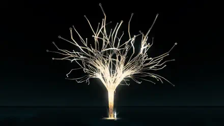 HD PC desktop wallpaper: glowing tree of light from Assassin's Creed Valhalla (Ubisoft) rising from darkness against a minimalist black background.