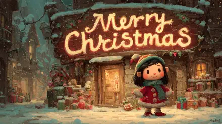 Winter Christmas illustration: child in red coat stands in snow before a glowing Merry Christmas shop, gifts nearby — 2K Quad HD PC desktop wallpaper/background.