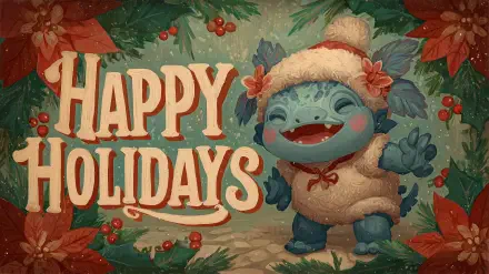 Kawaii blue creature in a wool hat and sweater, smiling beside holly and poinsettias with big Happy Holidays text — 2K Quad HD PC desktop wallpaper background.