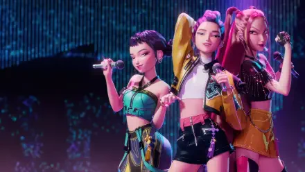 KPop Demon Hunters: three stylized K-pop demon-hunter characters in colorful cyberpunk outfits on a neon-lit stage — 4K Ultra HD PC desktop wallpaper