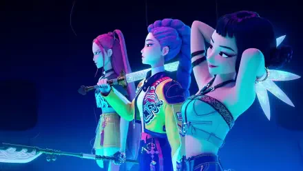 KPop Demon Hunters trio in neon-lit cyberpunk style, three animated female demon hunters posing with weapons — 4K Ultra HD PC desktop wallpaper and background.