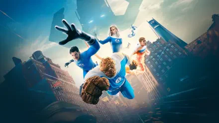 The Fantastic Four: First Steps — 4K Ultra HD PC desktop wallpaper of the four heroes in blue suits (Mr. Fantastic, Invisible Woman, Human Torch, The Thing) soaring over a city skyline.
