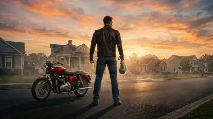 Avengers: Doomsday — 2K Quad HD PC desktop wallpaper background: lone man in a leather jacket holding a helmet beside a red motorcycle, standing on a sunlit suburban street at dawn.