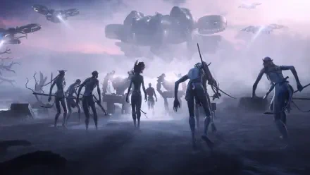 Avatar: Fire and Ash — 4K Ultra HD PC desktop wallpaper showing silhouetted alien figures trudging through ash and mist beneath looming airborne ships.