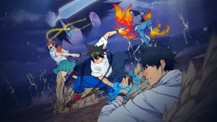 The God of High School 4K Ultra HD PC desktop wallpaper and background: protagonists clash amid lightning and fiery energy, dynamic poses and urban ruin under a stormy night sky.