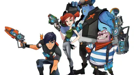 Slugterra HD PC desktop wallpaper and background: four animated characters — dark-haired gunner kneeling, red-haired woman, tall blue-armored fighter, and striped-shirt sidekick — on white background.