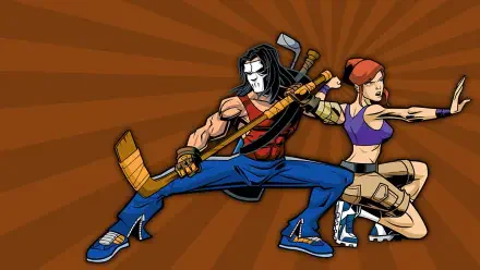 HD PC desktop wallpaper showing Casey Jones and April O'Neil from Teenage Mutant Ninja Turtles (2003) in action poses, Casey wielding a hockey stick against an orange sunburst background.