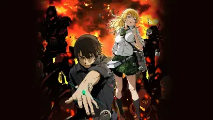 Btooom! 4K Ultra HD PC wallpaper: tense male reaching forward with a bomb, blonde schoolgirl with a rifle behind him, shadowy soldiers and fiery explosions engulf the background.