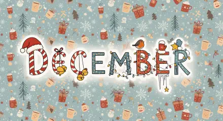 Whimsical DECEMBER lettering adorned with candy cane, bells, lights, robin and icicles over a snowy blue pattern of gifts, mugs and pine trees — 4K Ultra HD PC Desktop Wallpaper and Background.