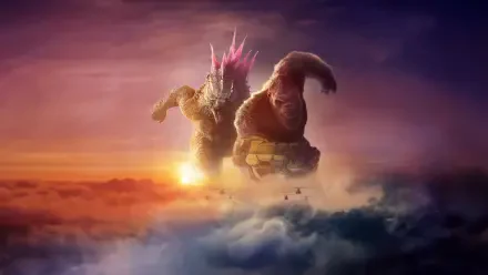 Godzilla x Kong: The New Empire — 4K Ultra HD PC wallpaper of Godzilla and Kong towering above sunlit clouds, dramatic sunset glow and tiny planes below.