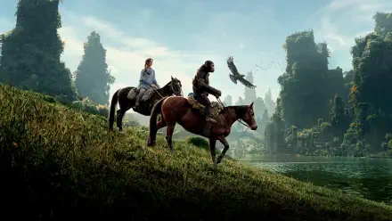 4K Ultra HD PC desktop wallpaper: a human and an ape ride horses along a grassy riverside beneath towering, overgrown ruins as a bird soars — Kingdom of the Planet of the Apes.