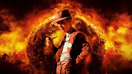 4K Ultra HD PC desktop wallpaper: a fedora-clad man with a pipe stands before a fiery, atomic-style explosion; image tagged Oppenheimer.