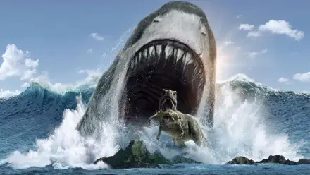 Meg 2: The Trench 4K Ultra HD PC Desktop Wallpaper and Background — a colossal megalodon bursts from the sea, jaws wide over a rocky isle with a T. rex, ocean spray and blue sky.
