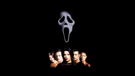 Scream 2 4K Ultra HD PC desktop wallpaper: Ghostface mask hovering over five wary characters against a black background.