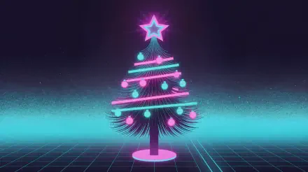 Christmas retrowave neon tree with magenta and cyan ornaments and glowing star above a retro grid horizon — 4K Ultra HD PC desktop wallpaper and background.