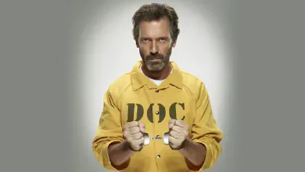 Dr. House in a yellow DOC prison jumpsuit, hands cuffed and an intense glare against a soft gray halo — 4K Ultra HD PC desktop wallpaper/background.