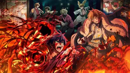 Tougen Anki and allies amid flames and swirling red demonic energy, intense battle scene — 4K Ultra HD PC desktop wallpaper and background