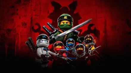 Ninjago HD PC desktop wallpaper and background: six LEGO ninja characters in colorful masks and armor posed with swords and weapons against a red, shadowed backdrop.