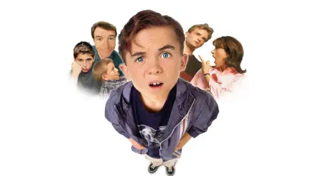 Malcolm in the Middle 4K Ultra HD PC desktop wallpaper: young boy looks up at the camera in a fisheye view, with family members blurred behind him on a white background.