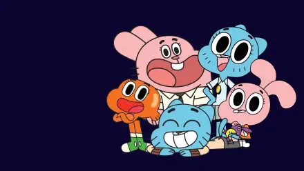 The Amazing World of Gumball 4K Ultra HD PC desktop wallpaper: the Watterson family and friends smiling together on a deep navy background.