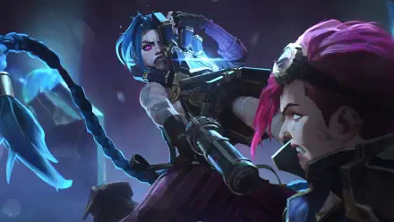Arcane 4K Ultra HD PC desktop wallpaper: Jinx with blue braids wielding a gun, Vi in the foreground against a neon-lit steampunk city background.
