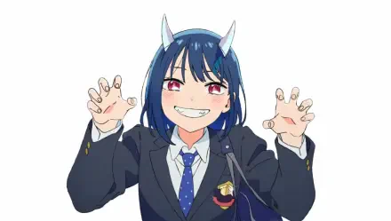 Anime HD PC desktop wallpaper of Ruri Dragon (Ruri Aoki): grinning blue‑haired schoolgirl with small horns in a blazer and tie, playfully reaching forward.