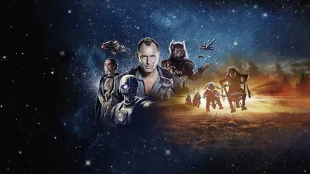 Star Wars: Skeleton Crew 4K Ultra HD PC desktop wallpaper — ensemble of crew members, droids and starfighters framed by a starfield merging into a desert battlefield.