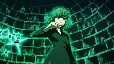 HD PC desktop wallpaper of anime Tatsumaki (Ruri Dragon) with short green hair and a glowing psychic aura, levitating amid floating debris in front of a circular, glowing brick backdrop.