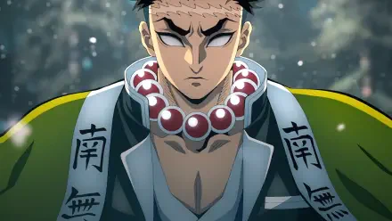 HD PC desktop wallpaper/background of Gyomei Himejima from Demon Slayer: Kimetsu no Yaiba — stern close-up with prayer beads and a snow-dusted forest behind him.
