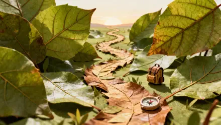 Travel-themed 4K Ultra HD PC desktop wallpaper: tiny backpack and compass on a winding path of leaves through oversized green foliage toward a sunlit horizon.