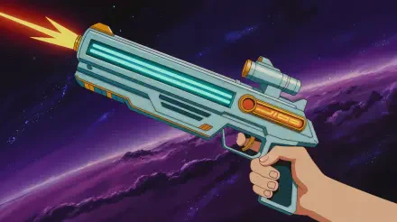 Stylized laser gun firing against a purple nebula backdrop — 4K Ultra HD PC desktop wallpaper/background.