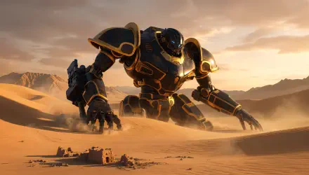 4K Ultra HD PC desktop wallpaper and background: a colossal black-and-gold desert mech crawling through dunes toward a ruined outpost beneath a glowing golden sunset.