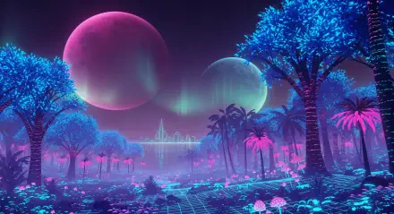 Neon retro-futuristic landscape with glowing palms, mushrooms and a grid foreground, twin moons and distant city skyline under aurora — 4K Ultra HD PC Desktop Wallpaper and Background.