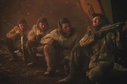 4K Ultra HD movie wallpaper from Der Tiger: four soldiers in winter gear crouch behind rubble, tense and armed in a smoky wartime scene.